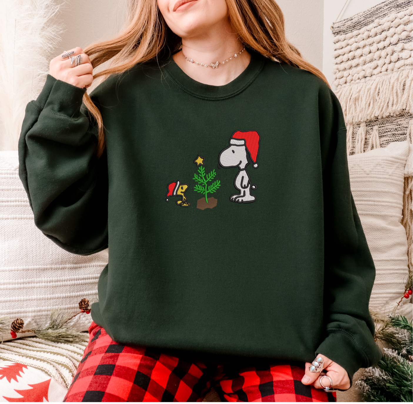 Snoopy Woodstock Christmas Embroidered Crew