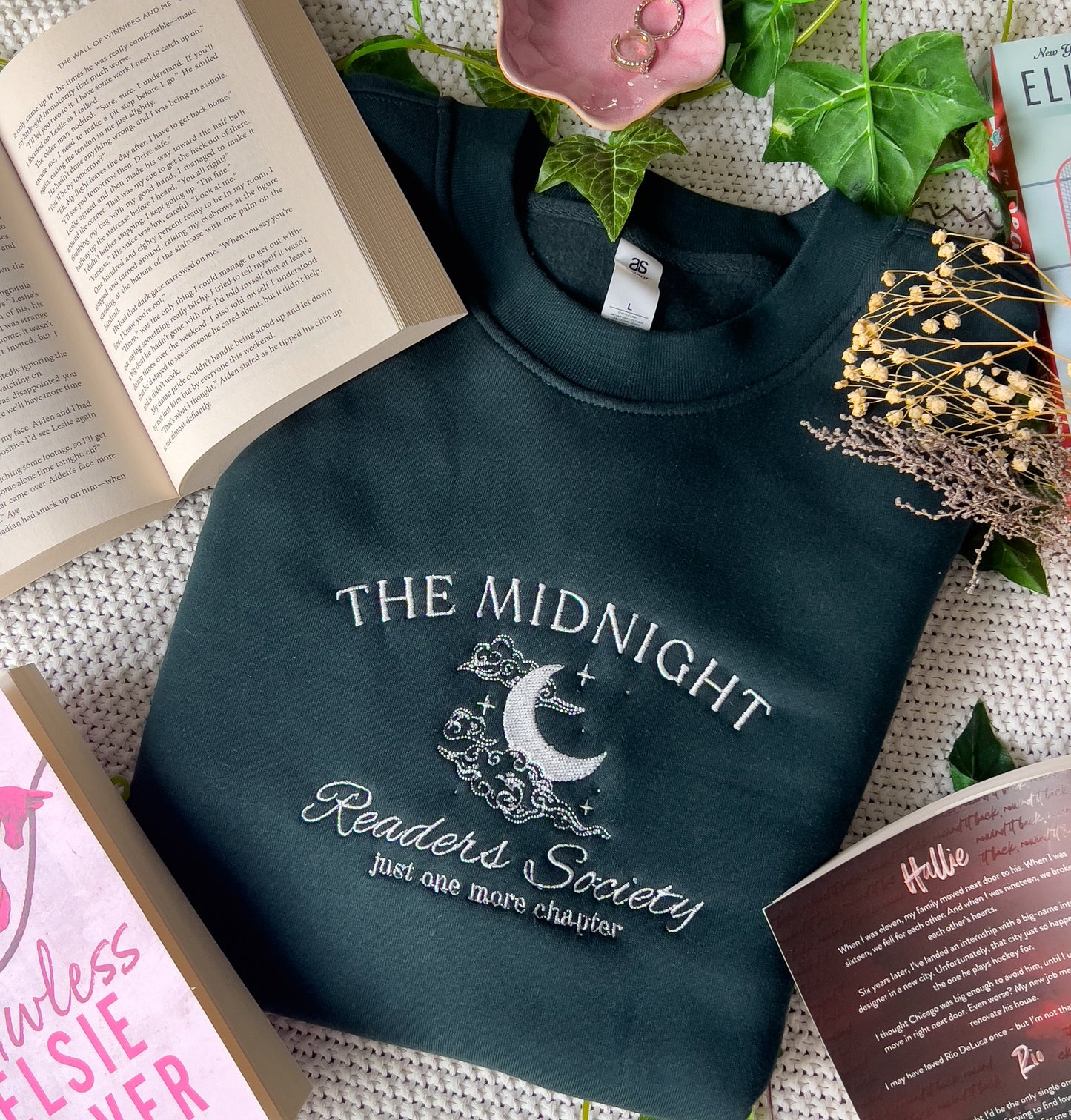 Midnight Readers Society embroidered sweatshirt for book lovers and book club outfits