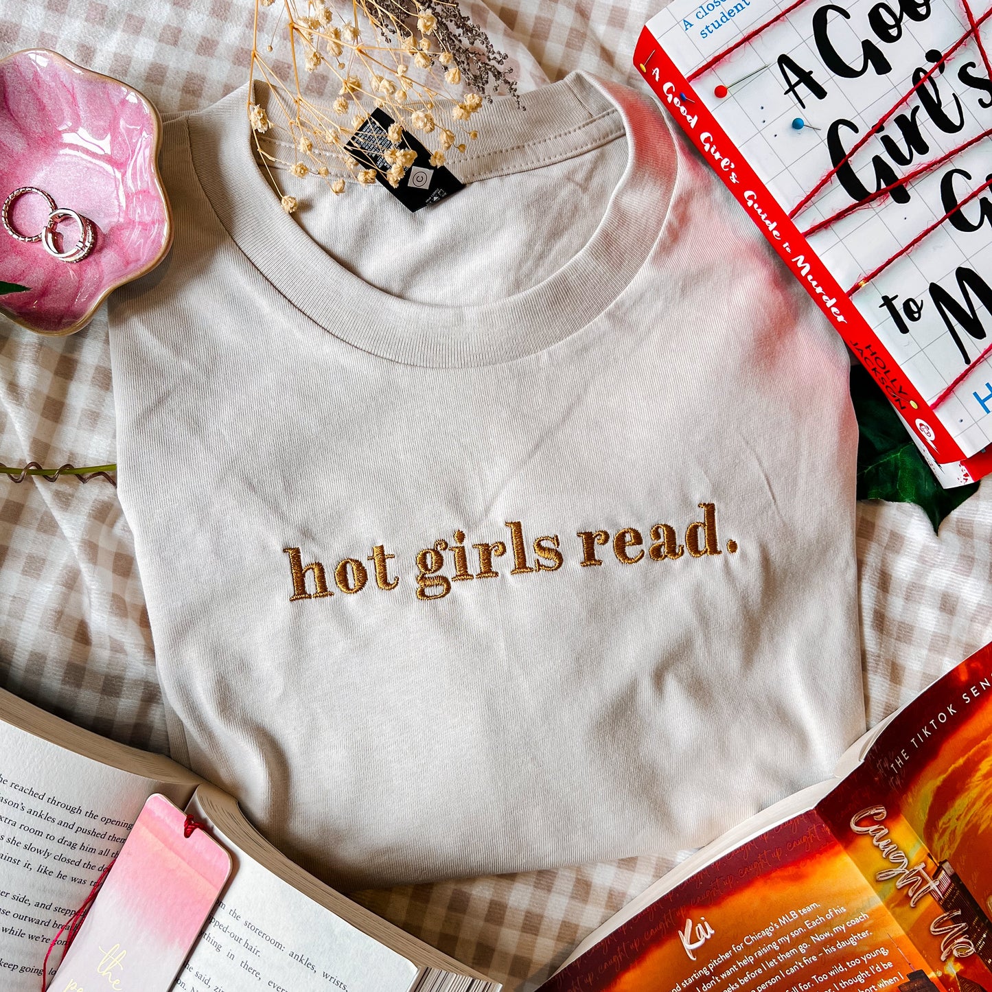 Hot girls read embroidered tee for book lovers and book club outfits