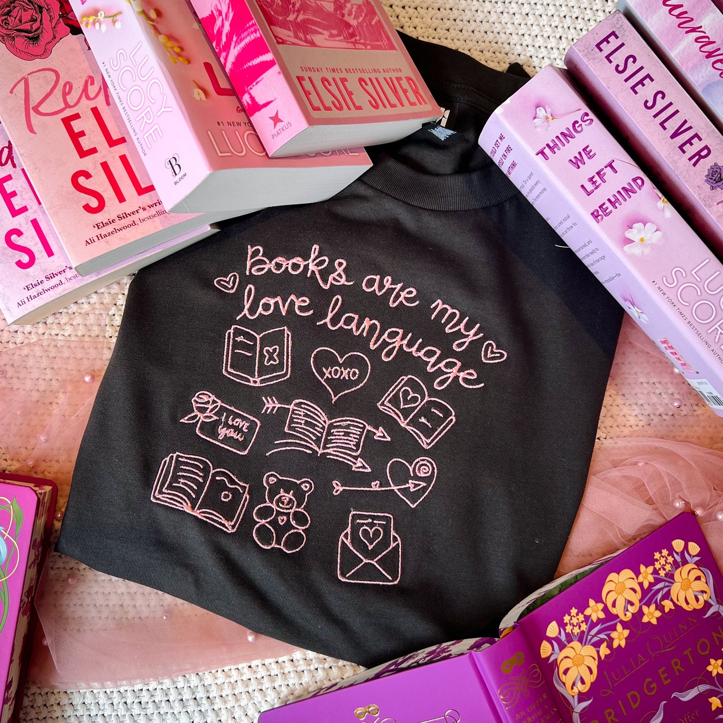 Books are my love language embroidered tee for book lovers and book club outfits