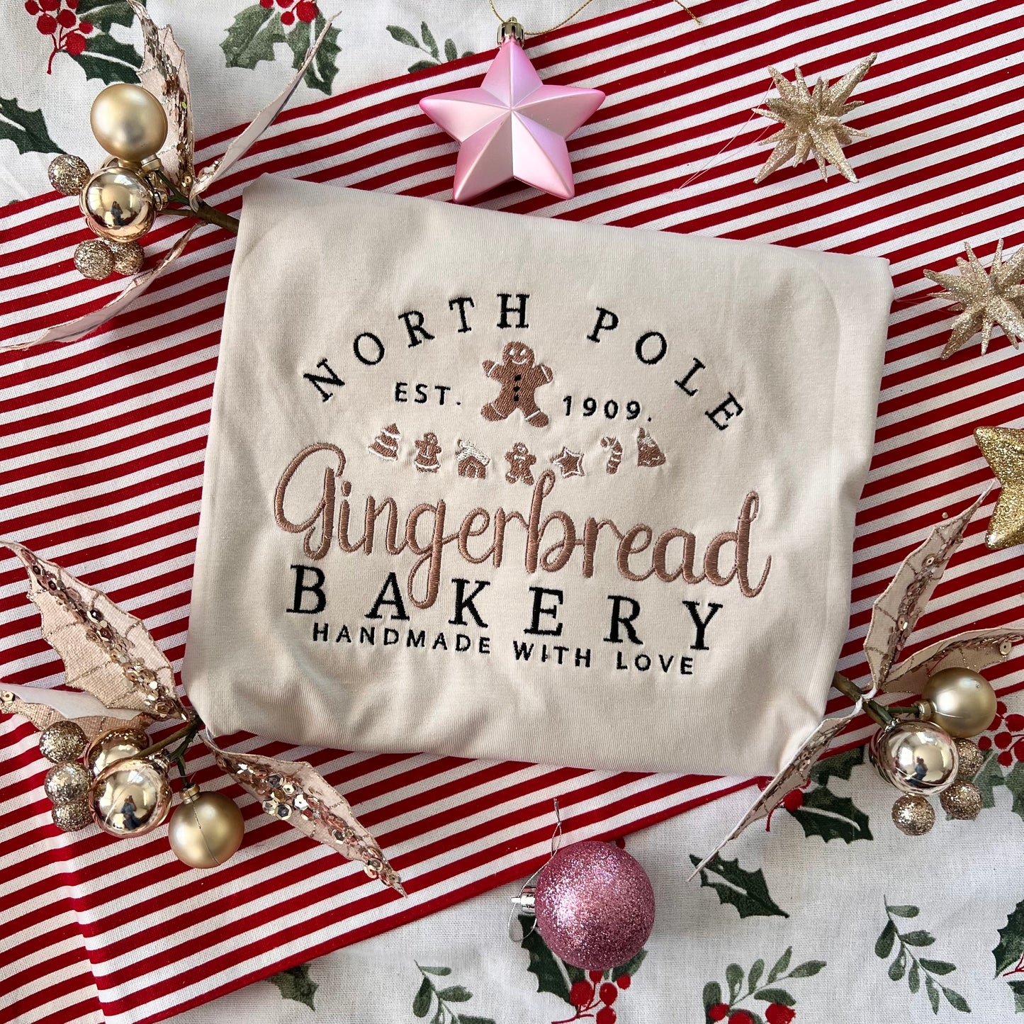 North Pole Gingerbread Bakery Embroidered Tee