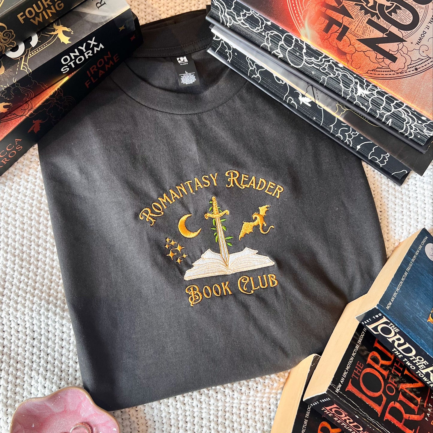 Romantasy Reader Book Club embroidered tee for book lovers and book club outfits