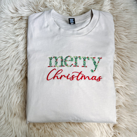 Floral Merry Christmas Embroidered Crew