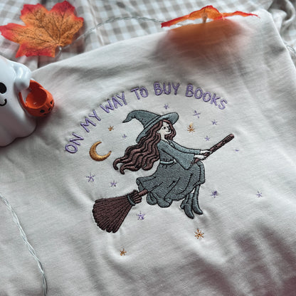On My Way To Buy Books Embroidered Crew