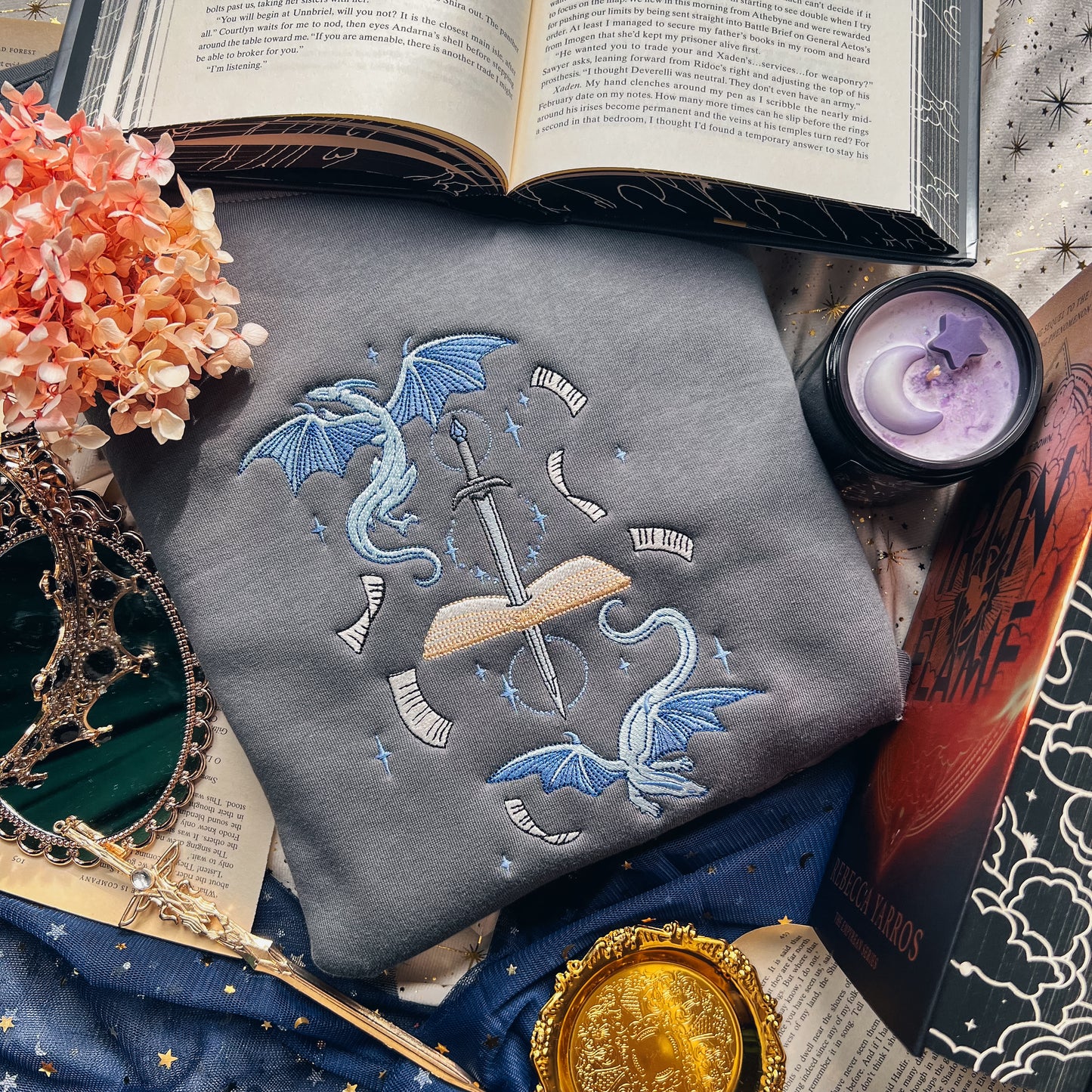 Celestial Book Dragons Embroidered Crew