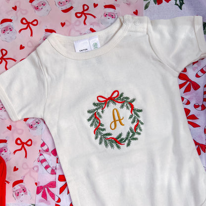 Personalized Christmas Wreath Embroidered Bodysuit