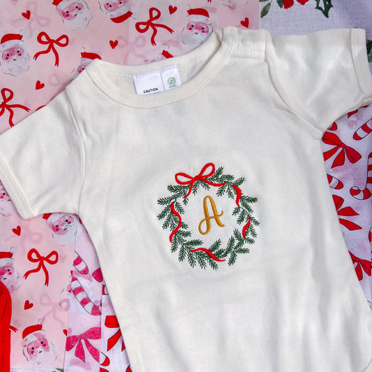 Personalized Christmas Wreath Embroidered Bodysuit
