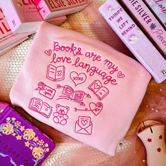 Books are my love language embroidered sweatshirt for book lovers and book club outfits