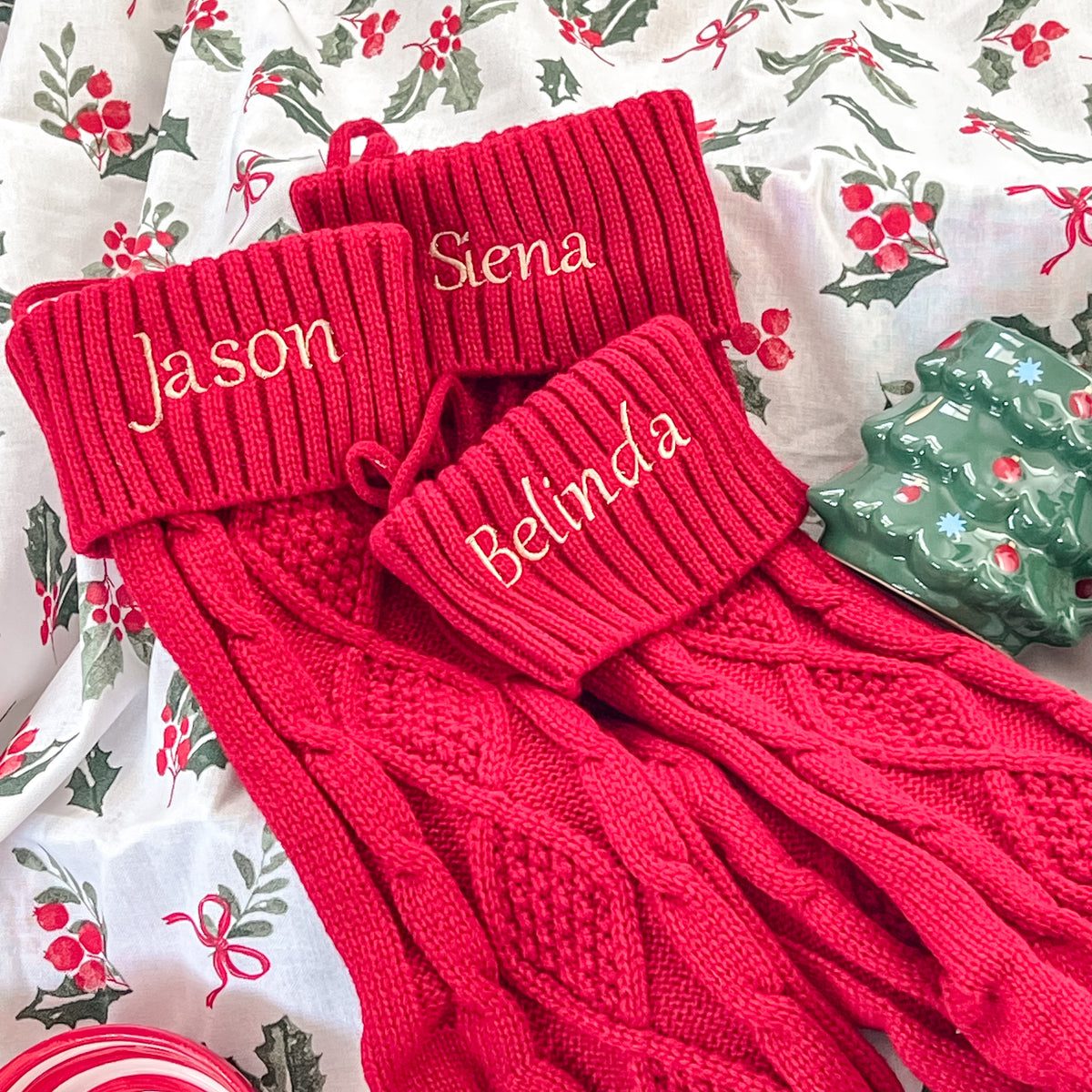 Embroidered Knit Christmas Stockings - Red