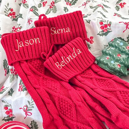 Embroidered Knit Christmas Stockings - Red