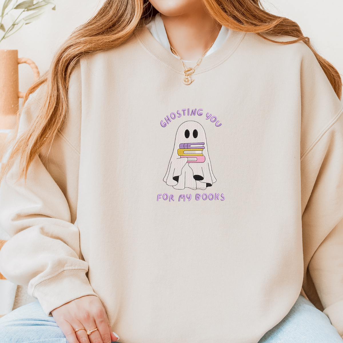 Ghosting You For My Books Embroidered Crew