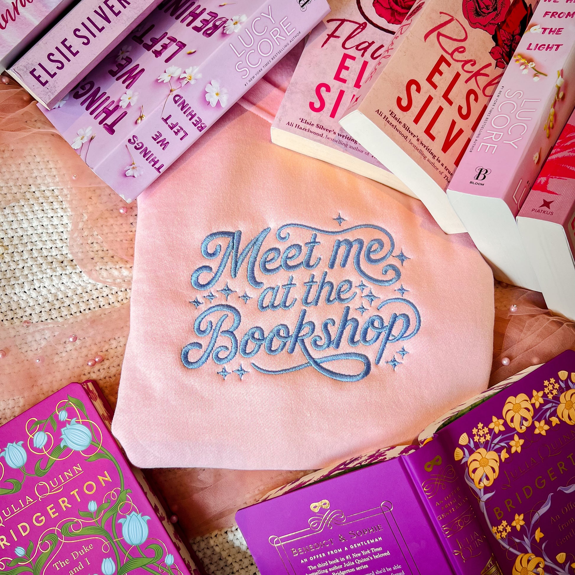 Meet me at the bookshop embroidered sweatshirt for book lovers and book club outfits