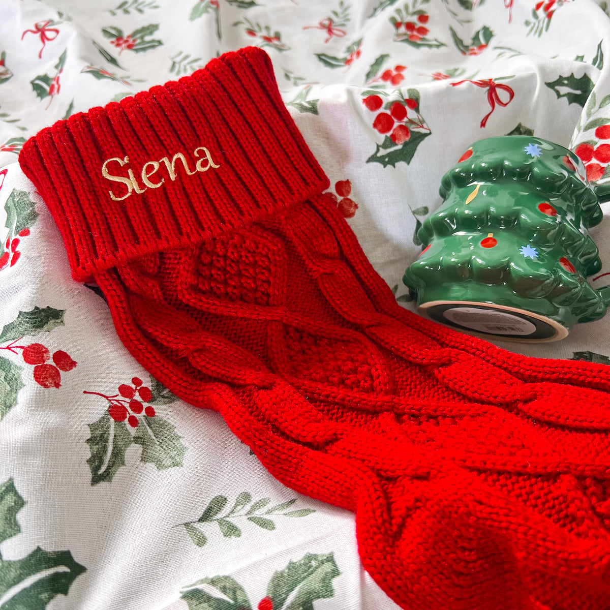 Embroidered Knit Christmas Stockings - Red