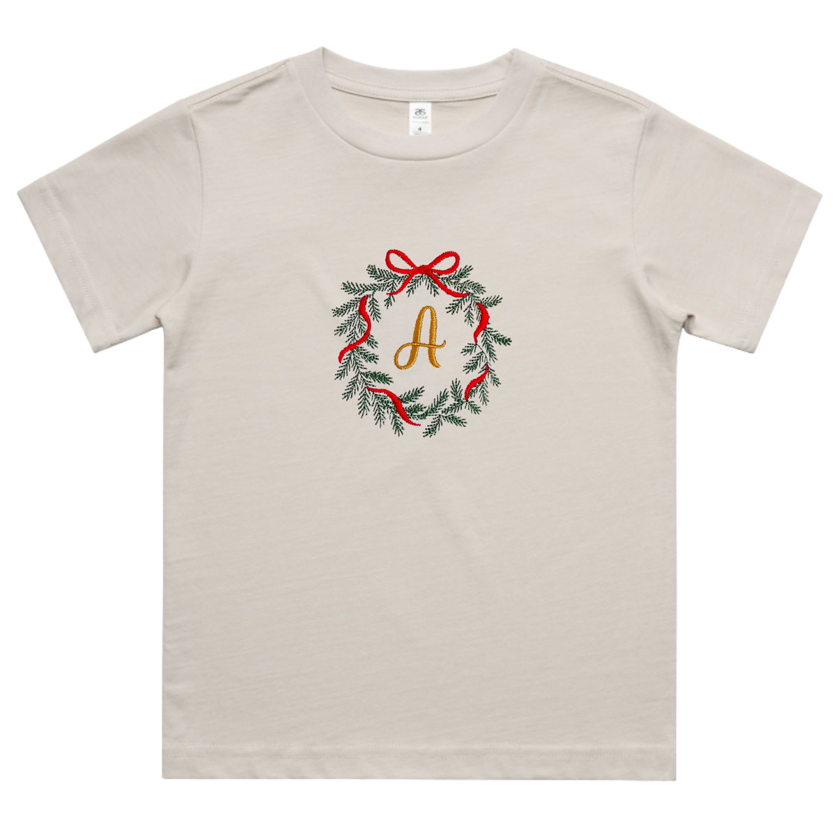Kids - Personalized Christmas Wreath Tree Embroidered Tee
