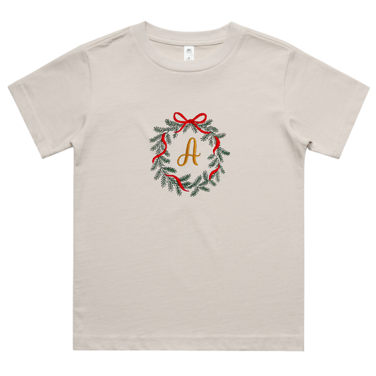 Kids - Personalized Christmas Wreath Tree Embroidered Tee