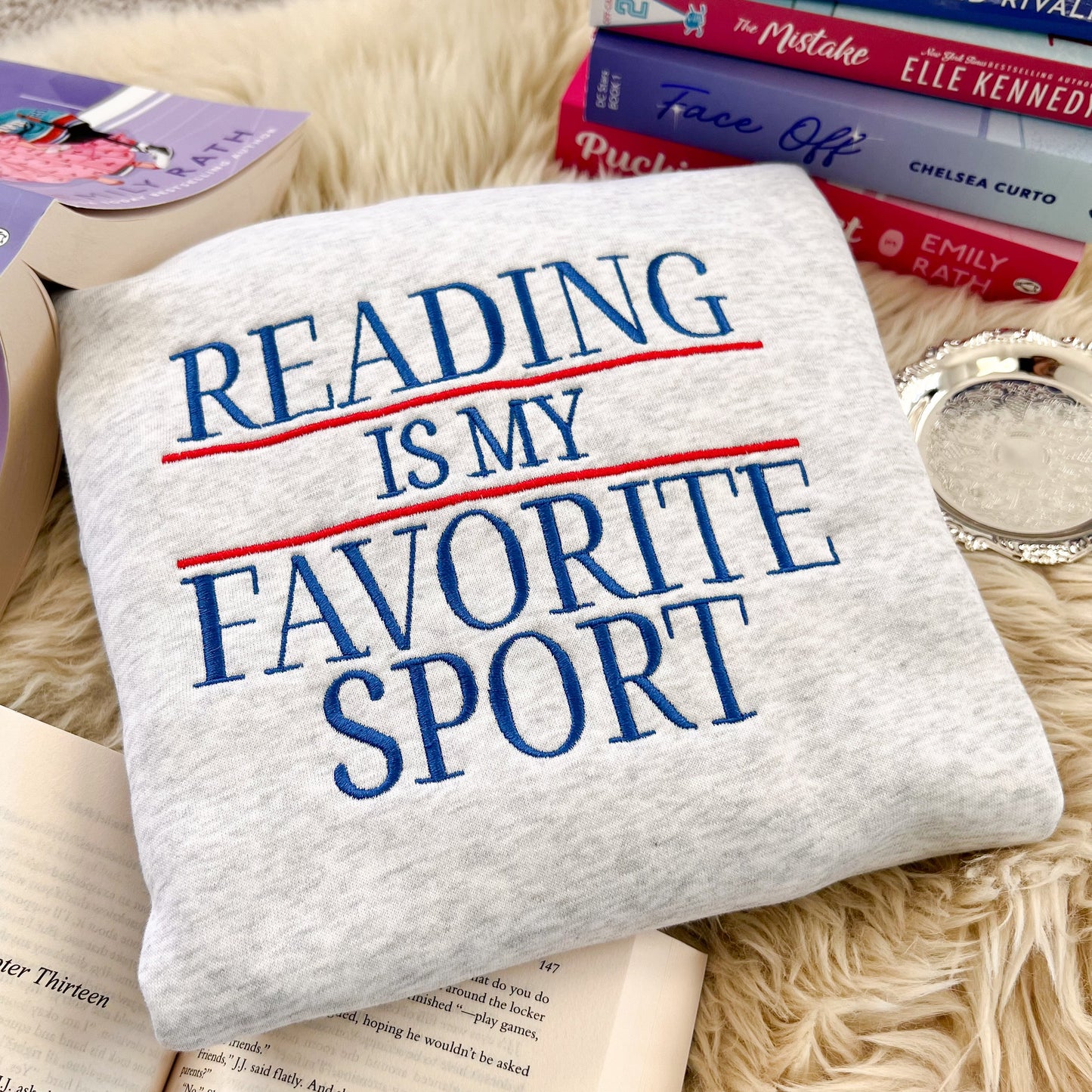 Reading is my favorite sport embroidered sweatshirt for book lovers