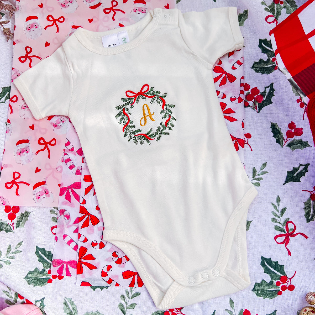 Personalized Christmas Wreath Embroidered Bodysuit