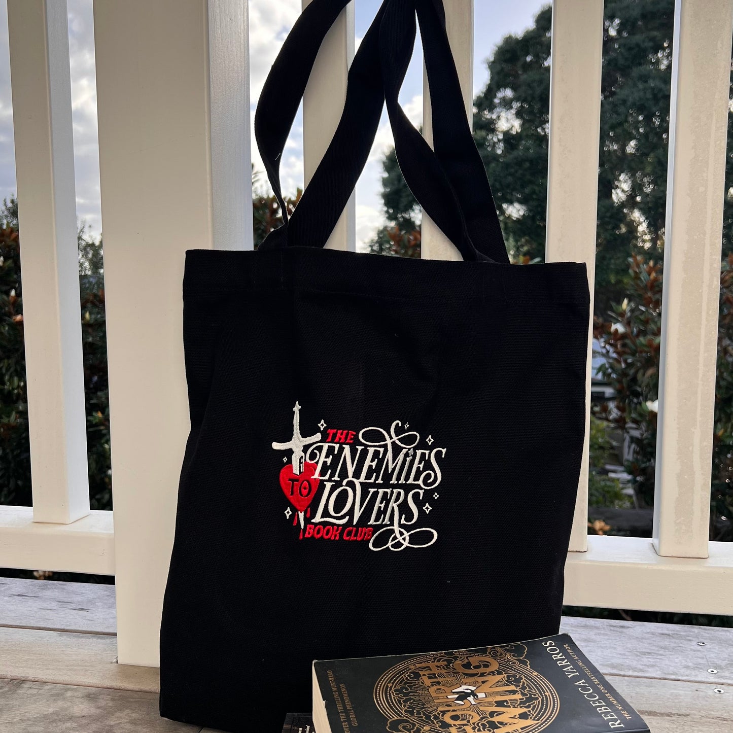 Enemies to lovers embroidered tote bag for book lovers
