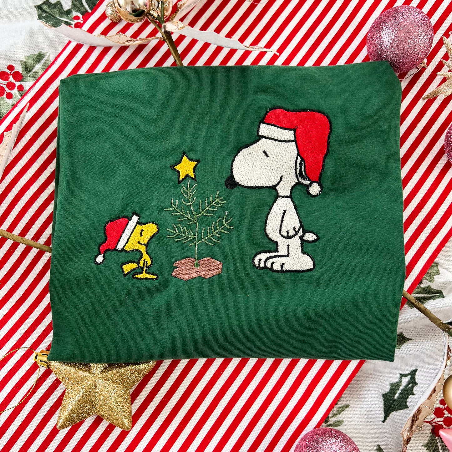 Snoopy Woodstock Christmas Embroidered Tee