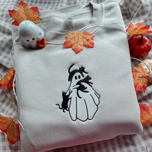 Ghost and Cats Embroidered Crew