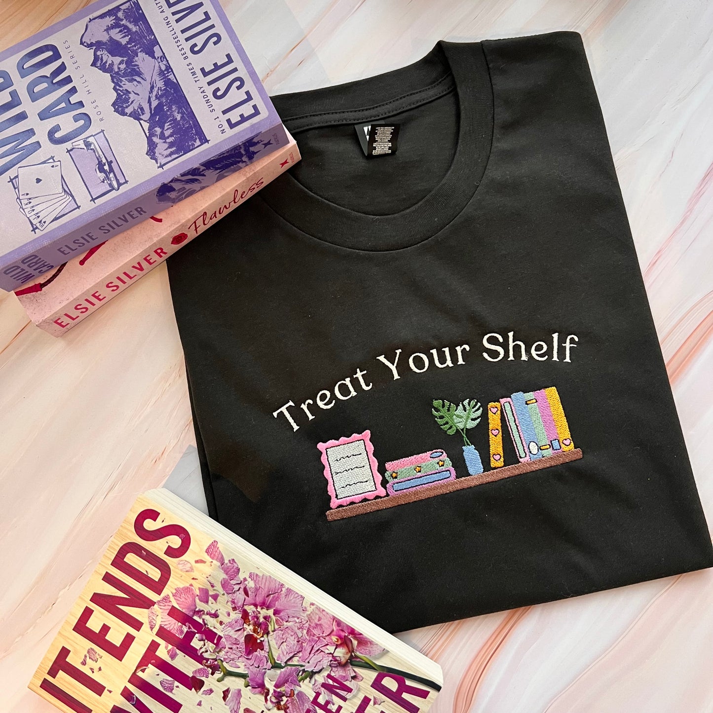 Treat your shelf embroidered tee for book lovers and book club outfits