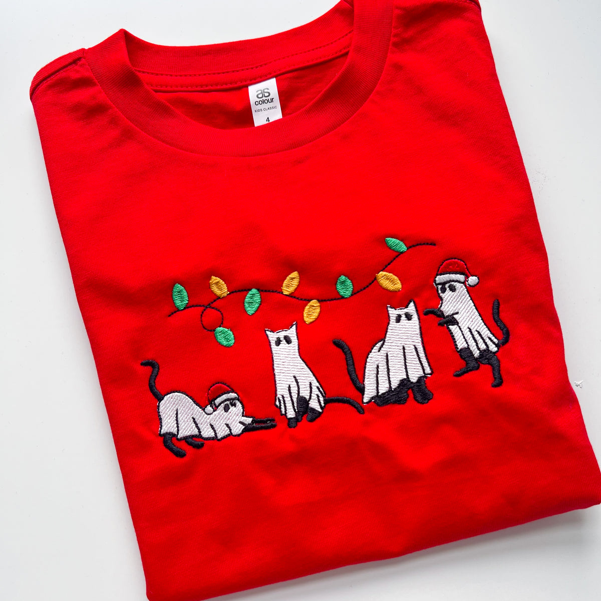 Kids - Festive Cats Embroidered Tee