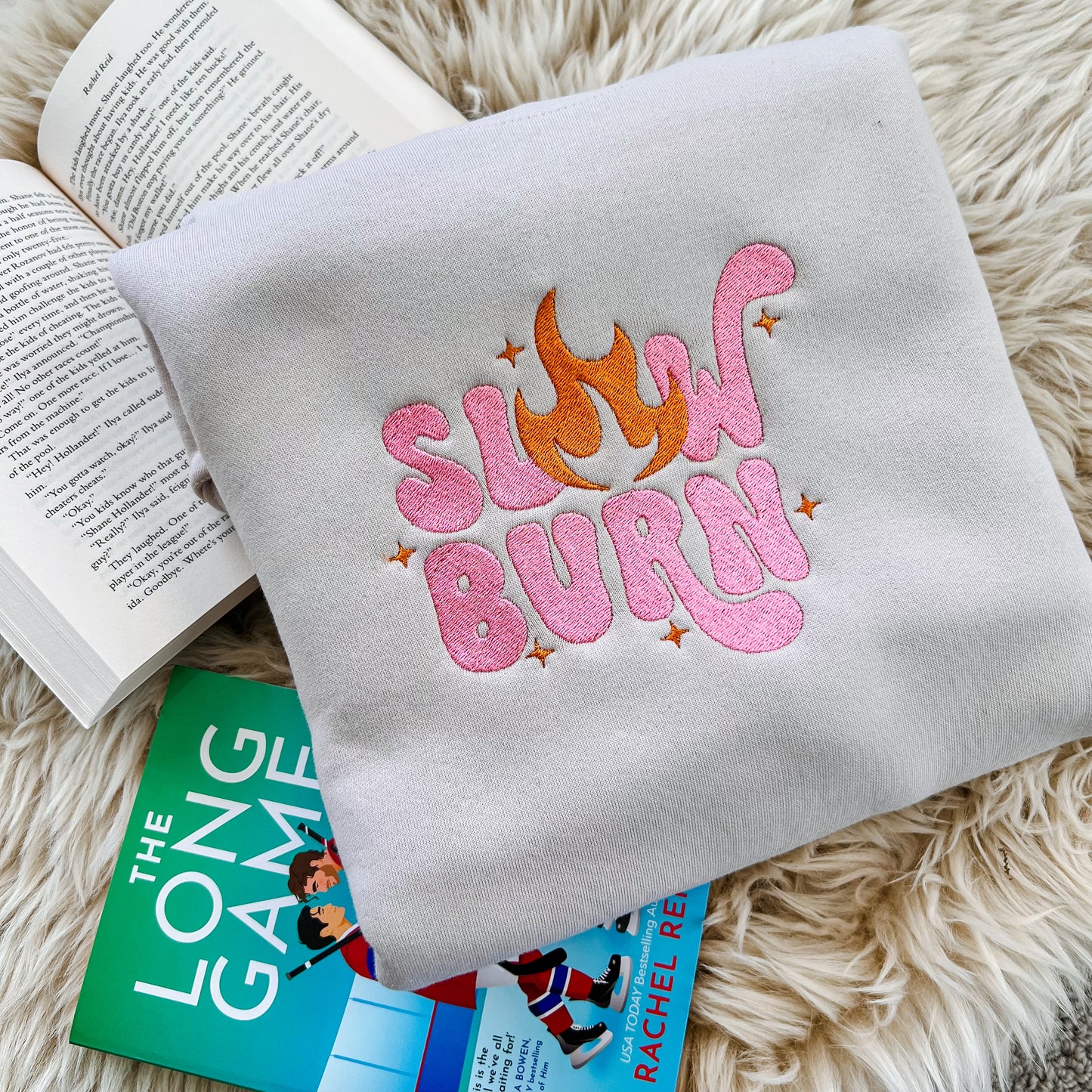 Slow burn embroidered sweatshirt for book lovers