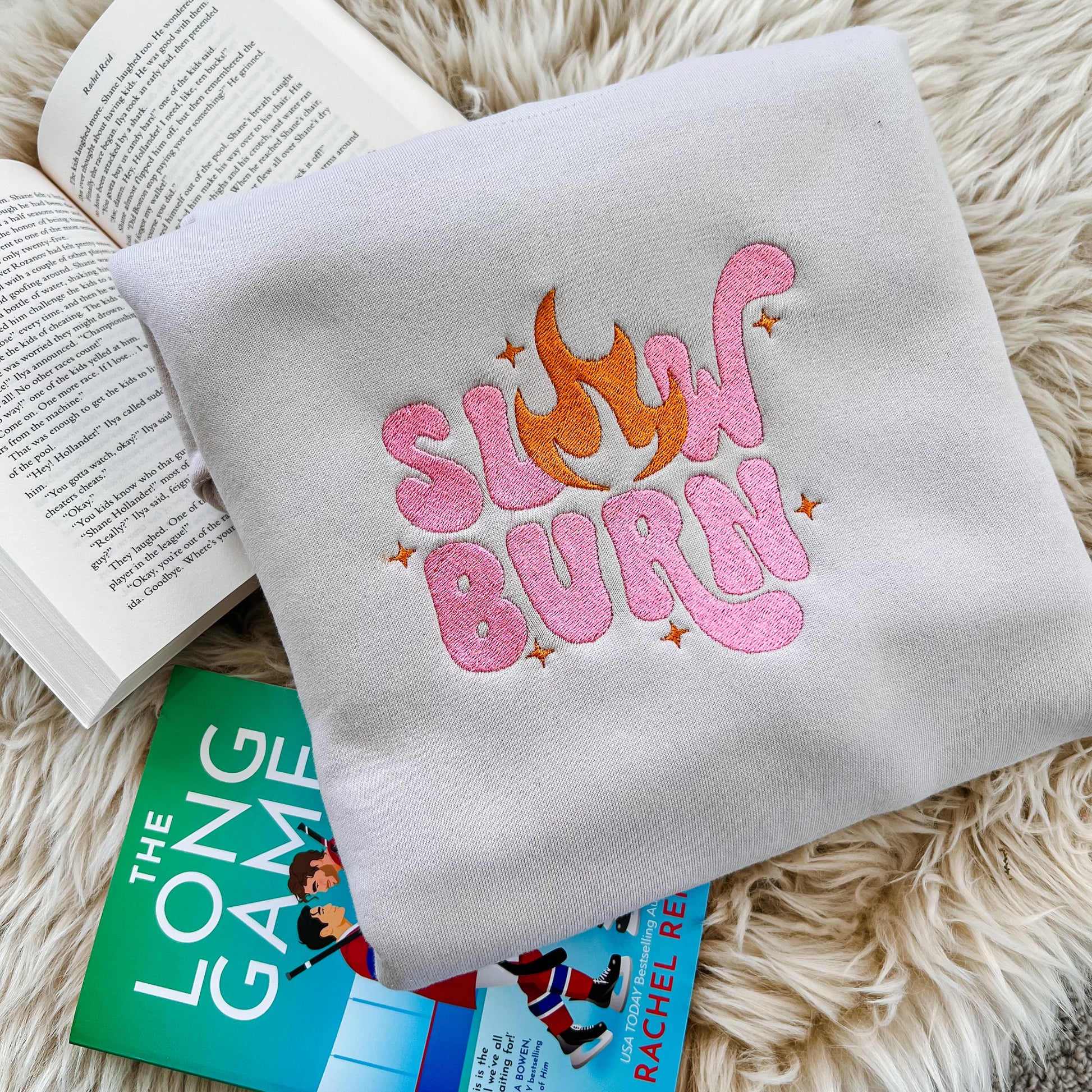Slow burn embroidered sweatshirt for book lovers