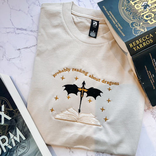 Dragon Reader embroidered tee for fantasy romantasy lovers and book club outfits