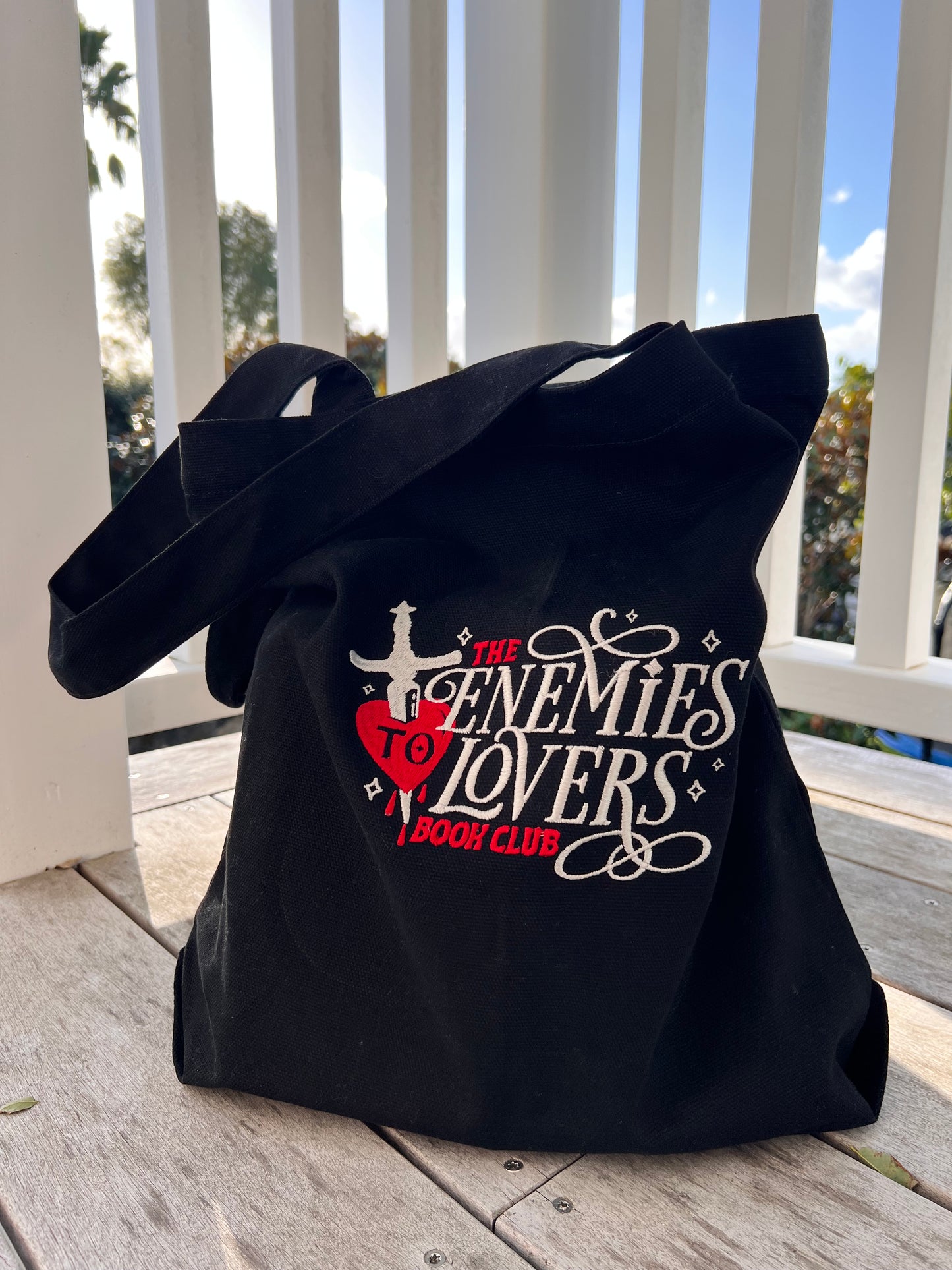 Enemies to lovers embroidered tote bag for book lovers
