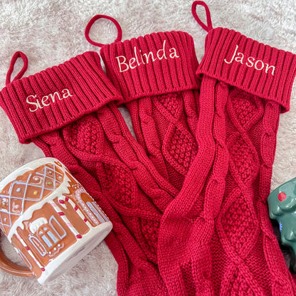 Embroidered Knit Christmas Stockings - Red