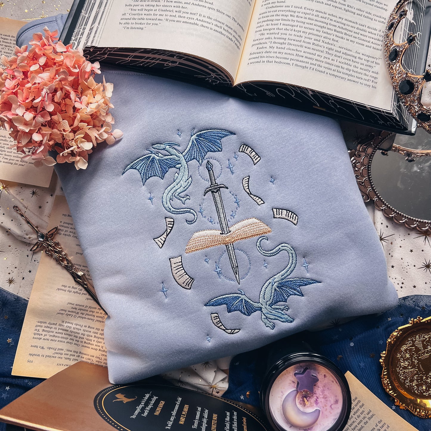 Celestial Book Dragons Embroidered Crew