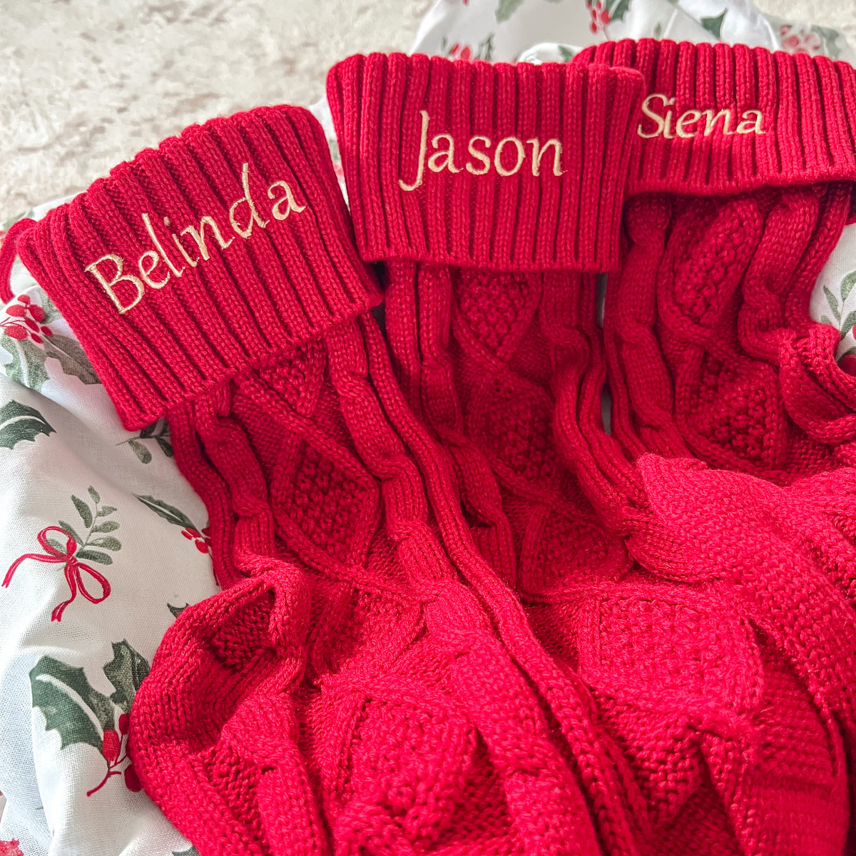 Embroidered Knit Christmas Stockings - Red