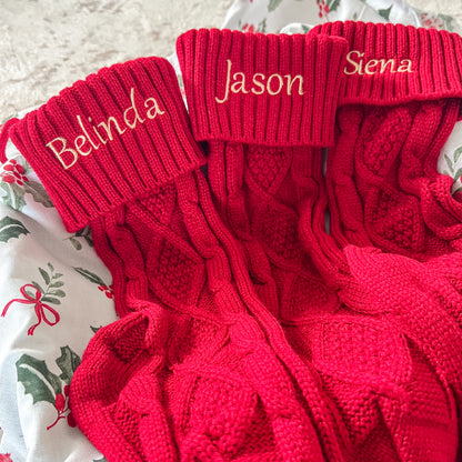 Embroidered Knit Christmas Stockings - Red