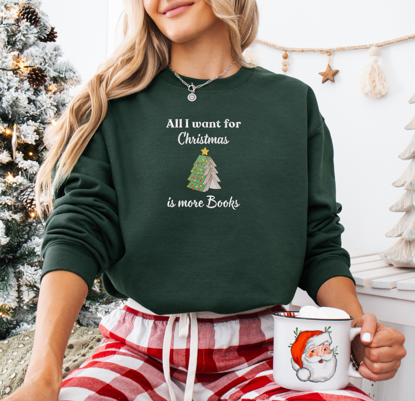 All I Want For Christmas Is More Books Embroidered Crew