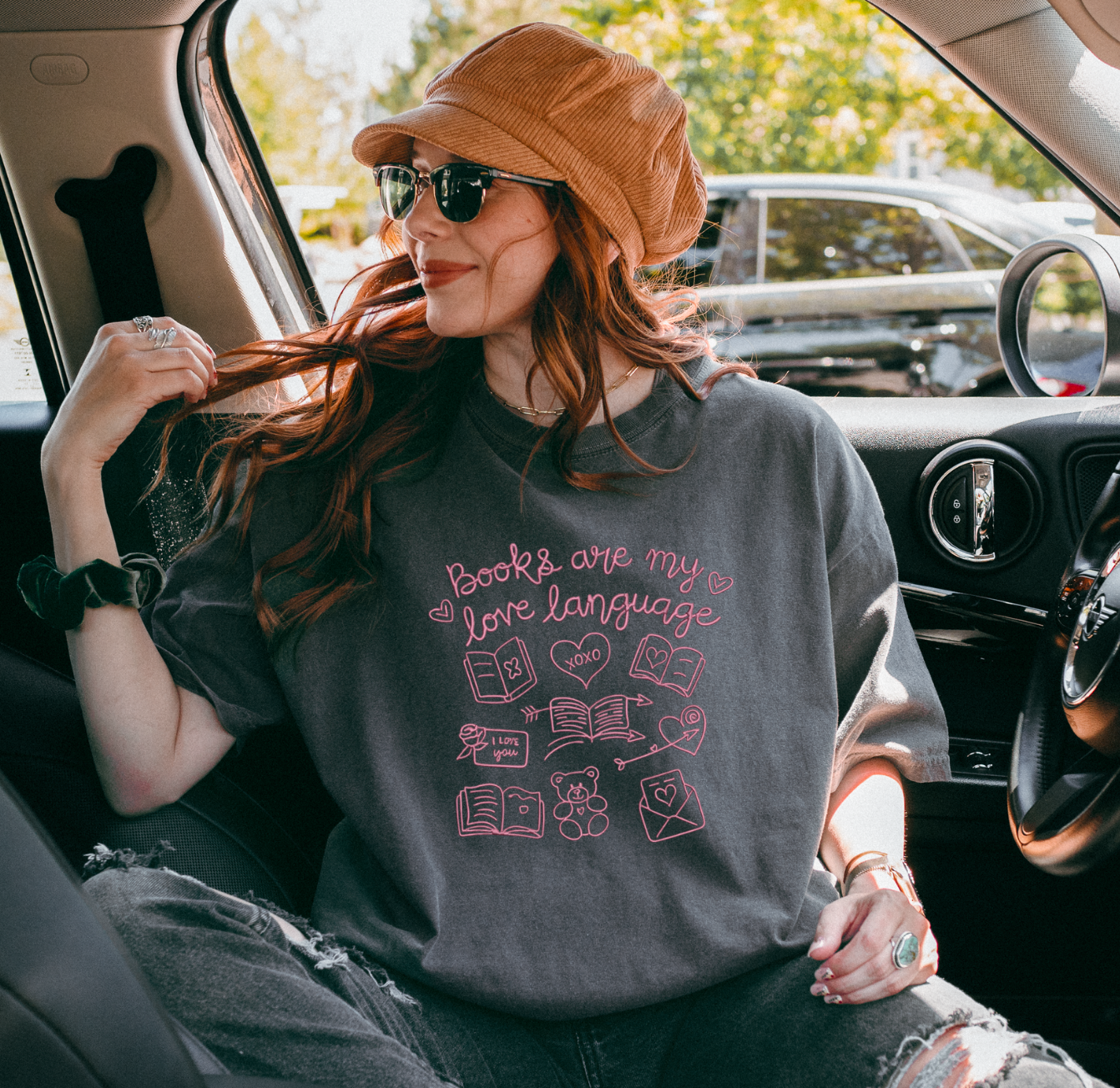 Books are my love language embroidered tee for book lovers and book club outfits