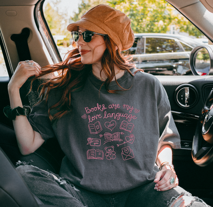 Books are my love language embroidered tee for book lovers and book club outfits