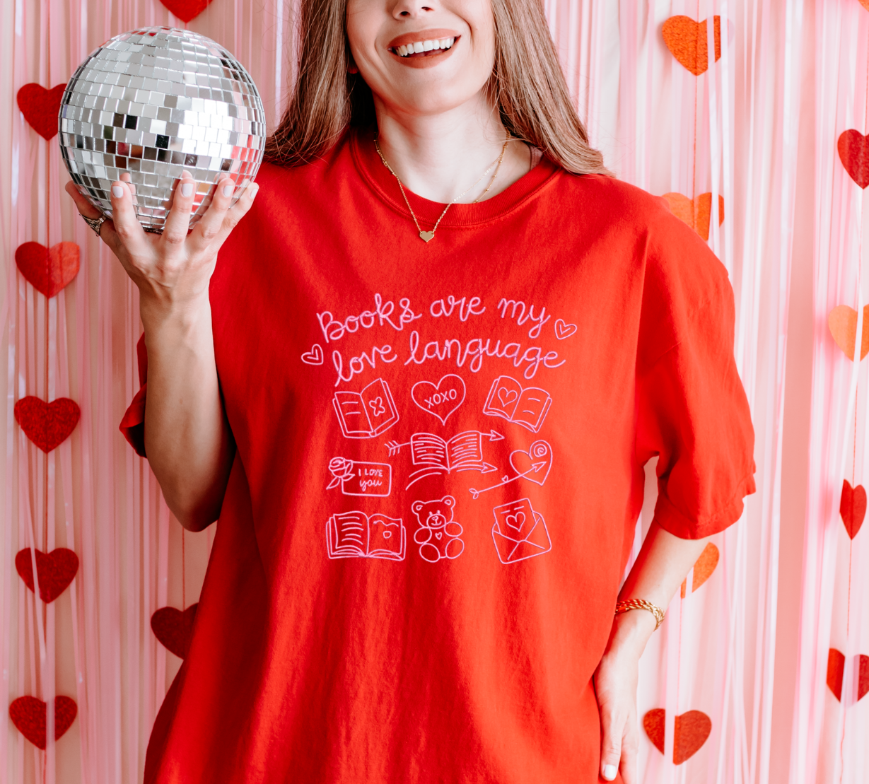 Books are my love language embroidered tee for book lovers and book club outfits