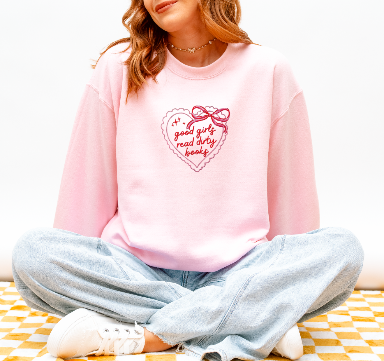 Good girls read dirty books embroidered sweatshirt for book lovers and book club outfits