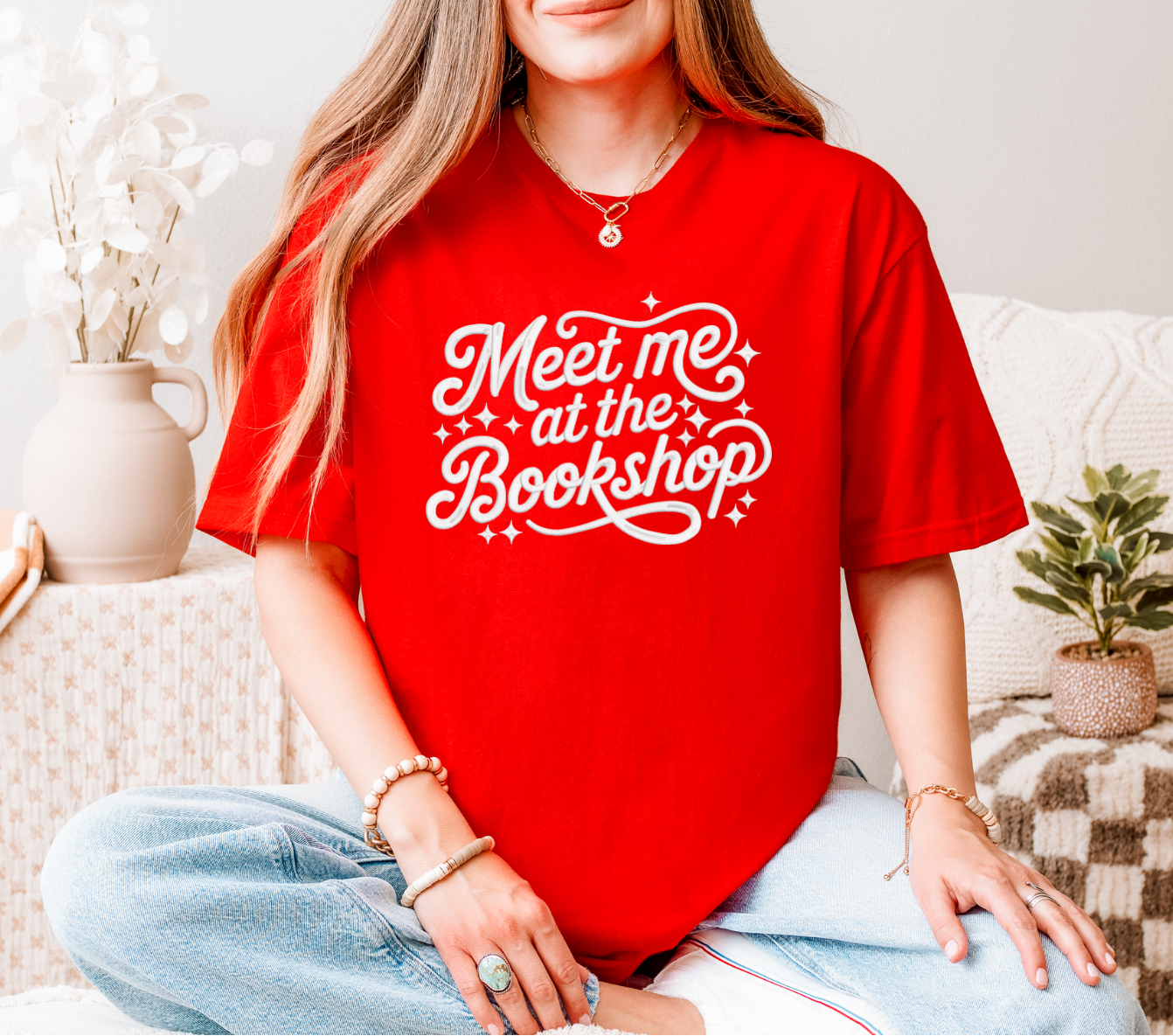 Meet me at the bookshop embroidered tee for book lovers and book club outfits